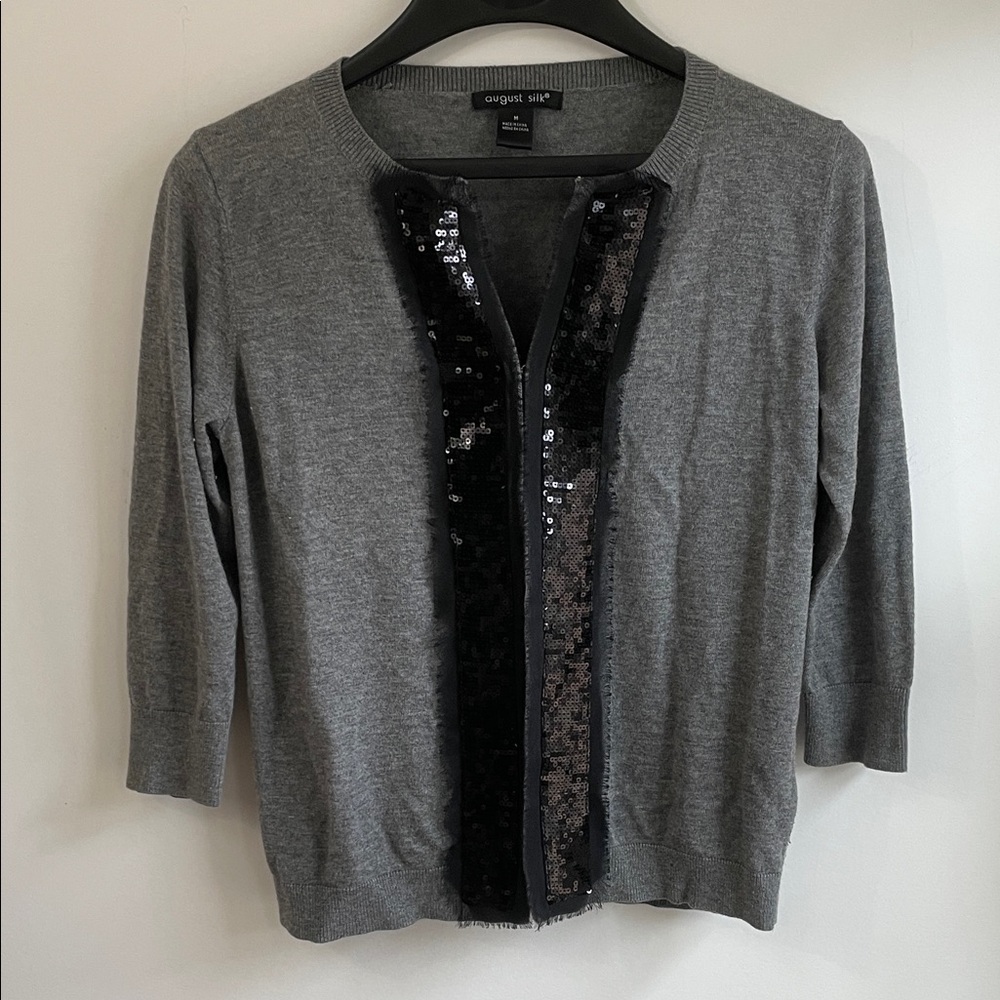 August Silk Gray Knit Sequined 3/4 Sleeve Lightweight Sweater M